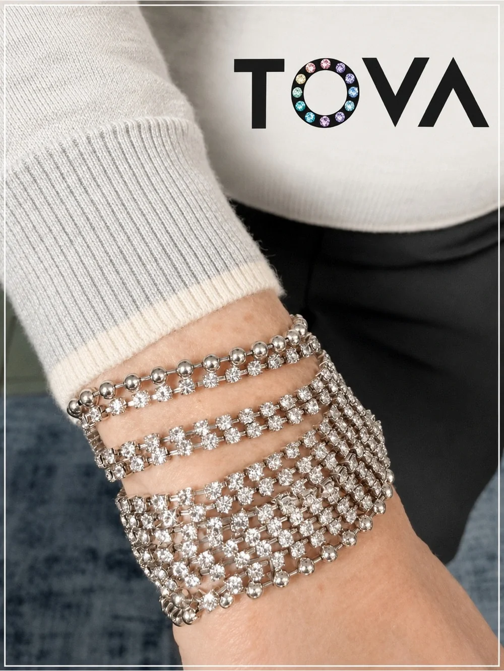 TOVA Cindy Cuff multi 10 row sparking crystal finished w/ 2 mini beaded strands